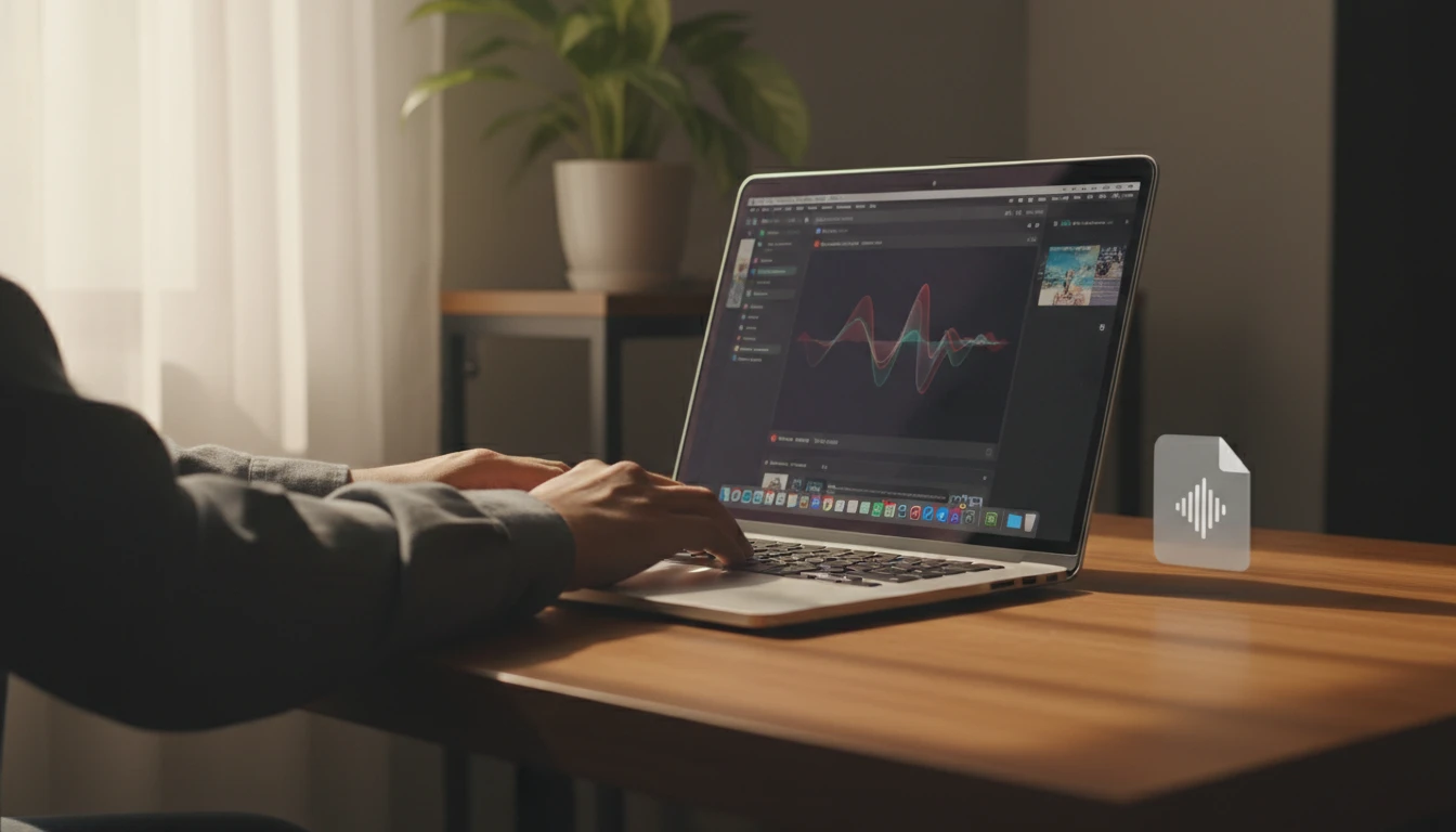 Person dragging music files into Apple Music on a MacBook at a clean desk