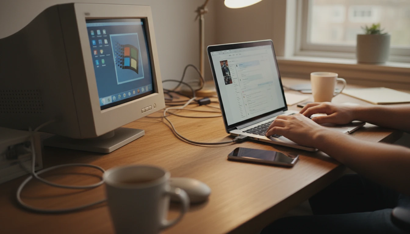 Person transferring old music files from a PC to an iPhone on a desk