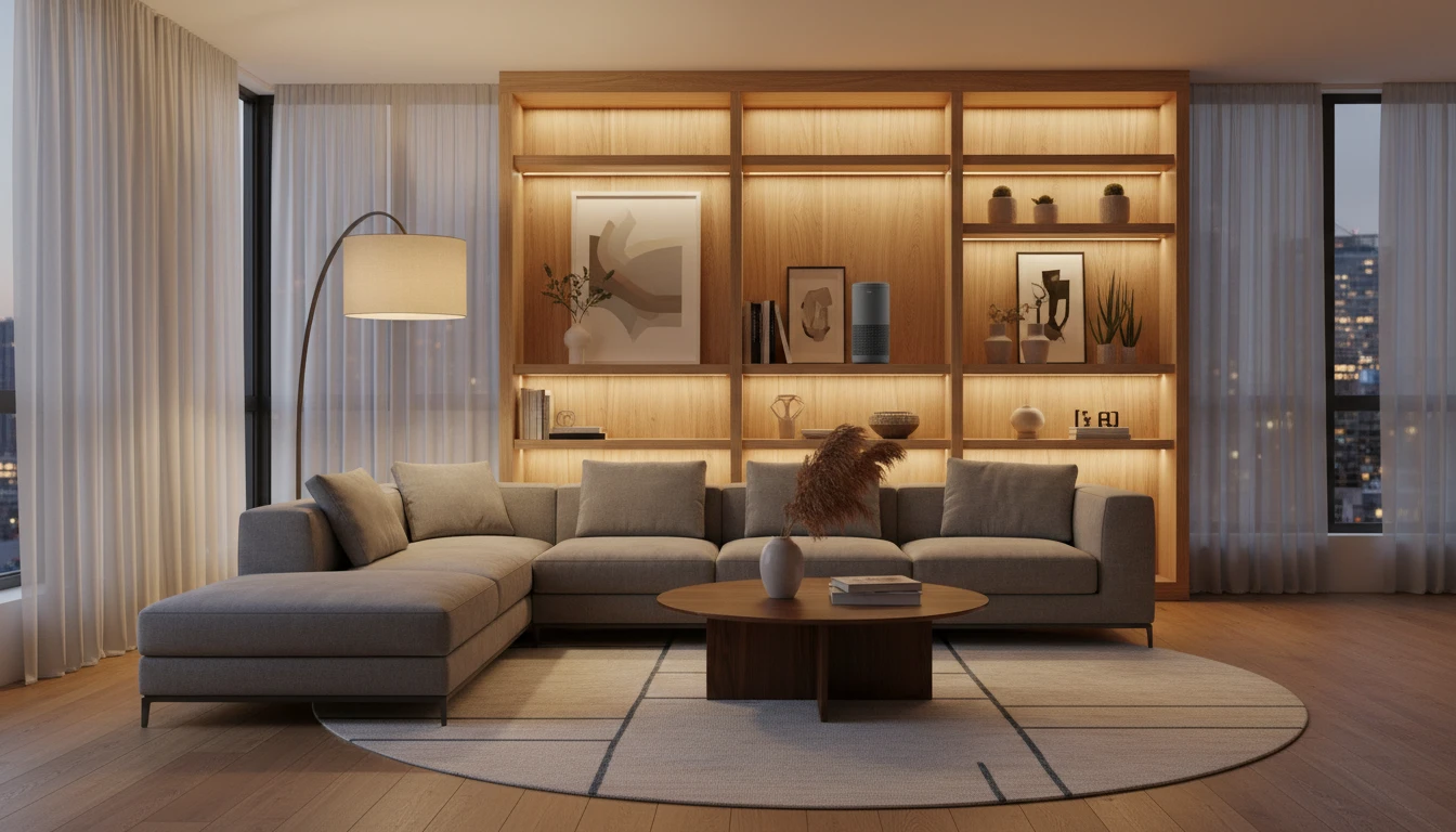 HomePod on a wooden shelf beside bookshelves in a warm living room