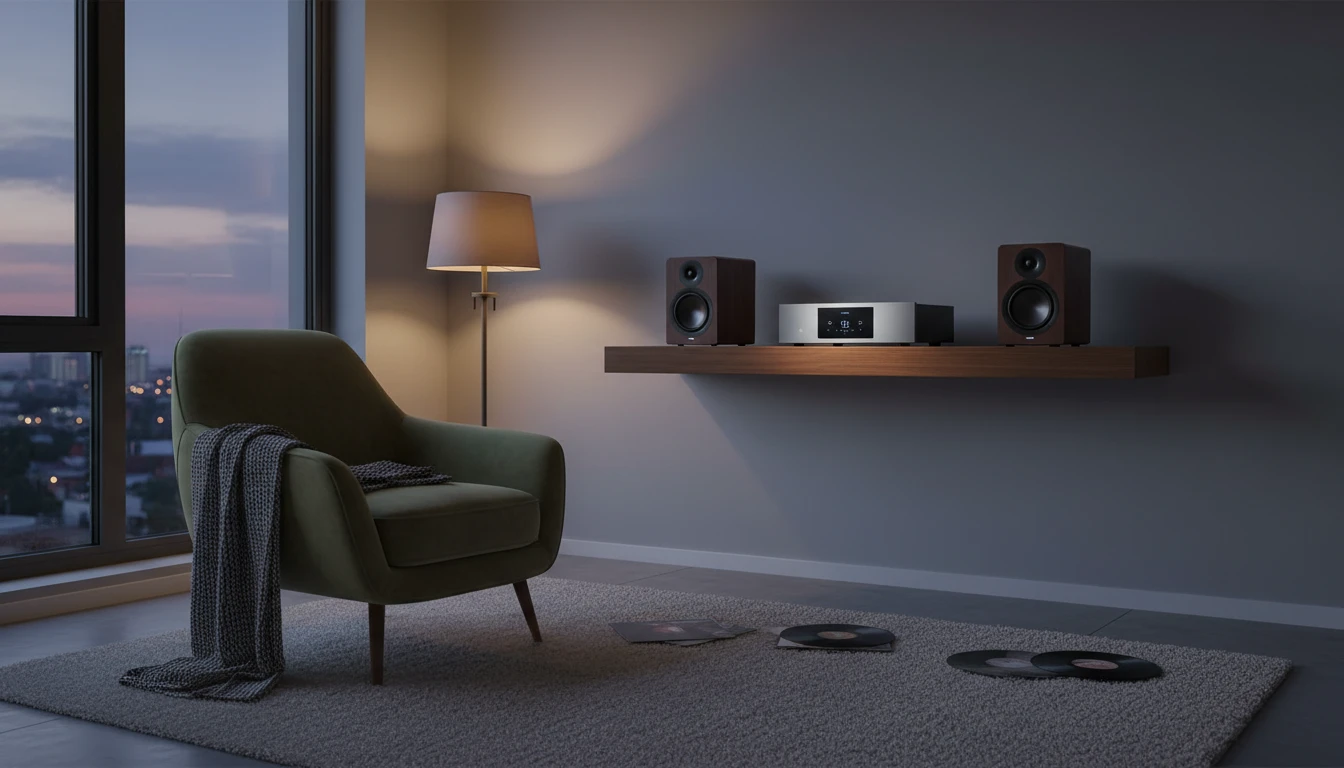 Home hi-fi setup with a network streamer and bookshelf speakers