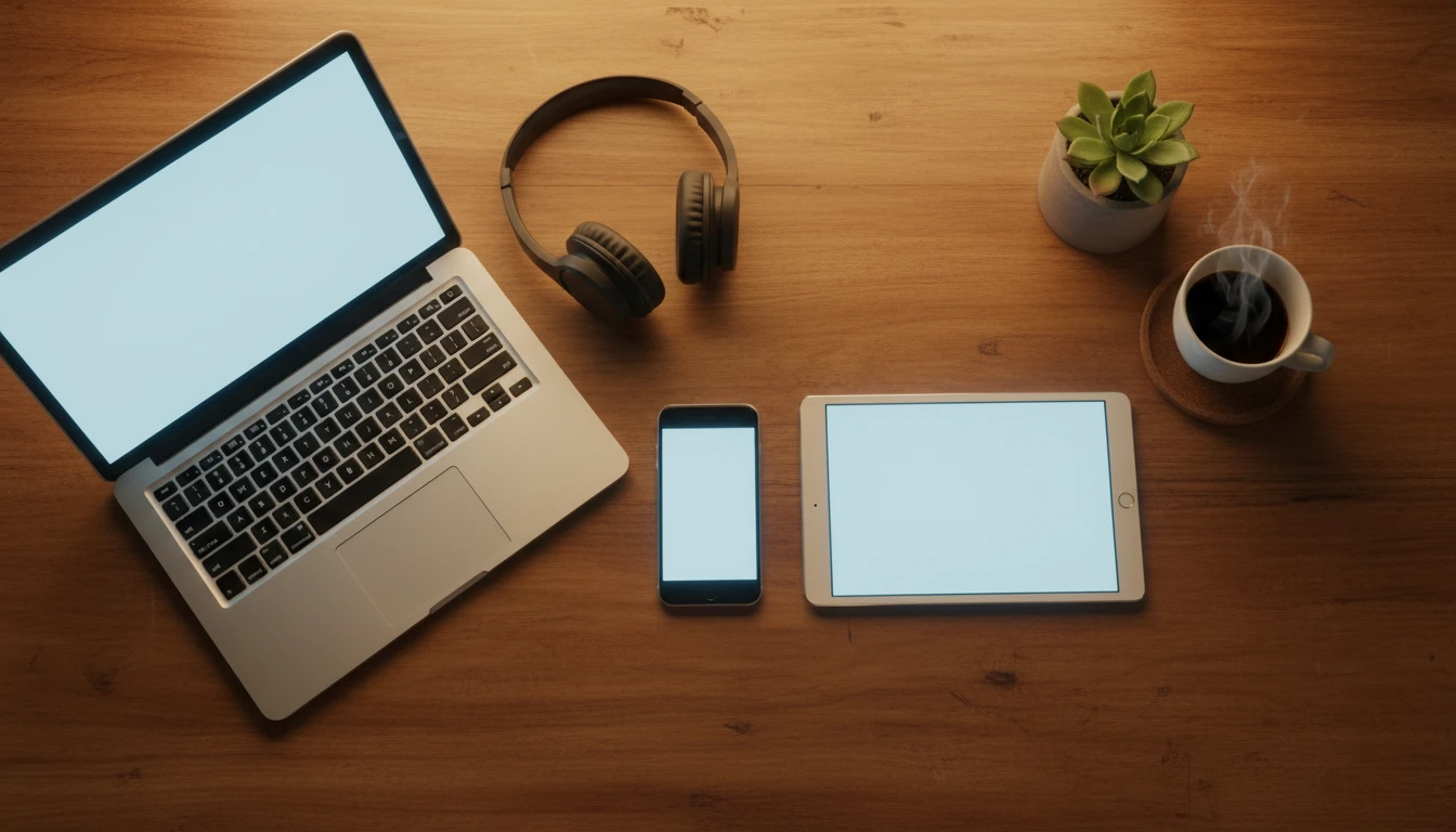 iPhone, iPad, and MacBook on a desk with music playing on all devices