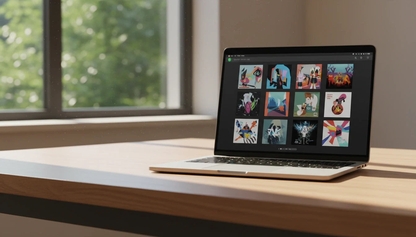 Music library on a MacBook showing album artwork grid in Apple Music