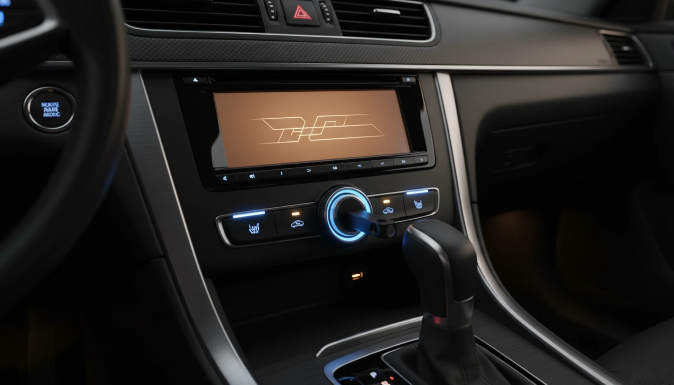 Car dashboard with a USB drive plugged into the audio port