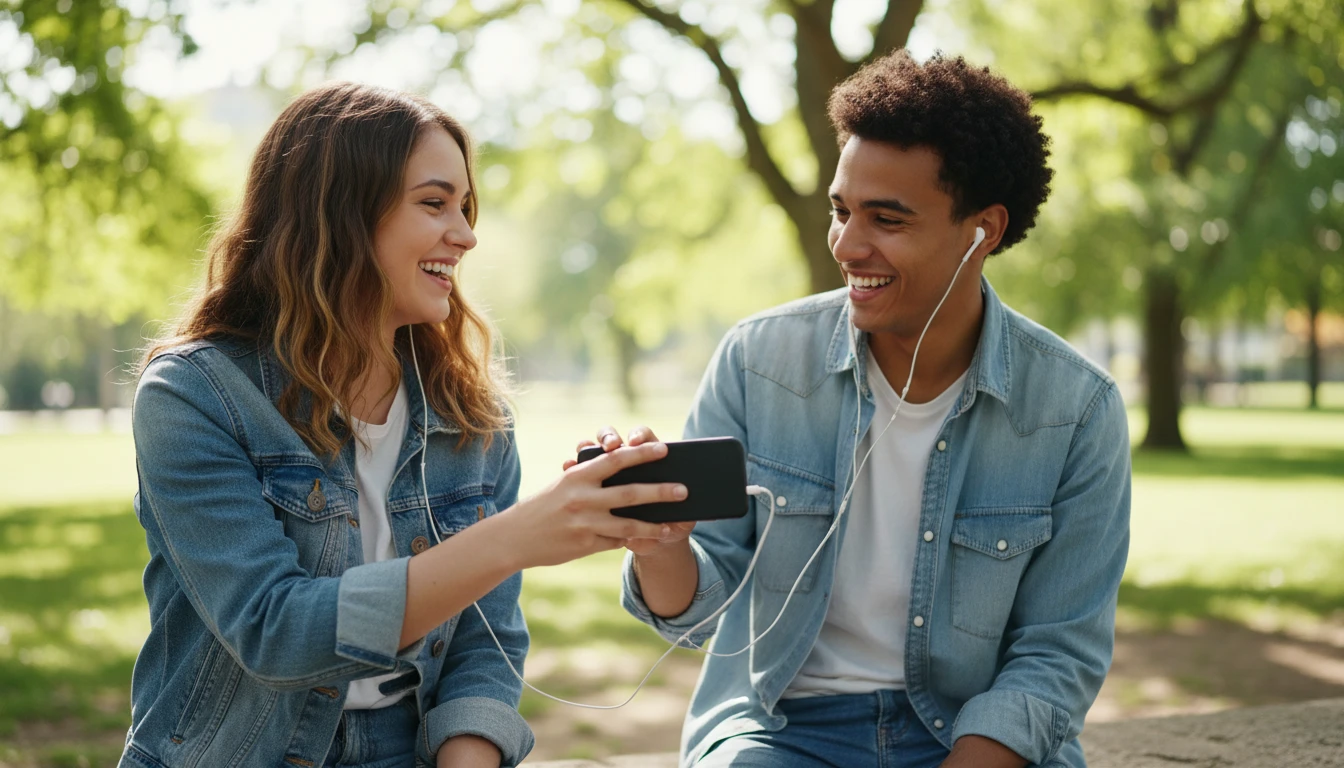 Two people sharing audio from a smartphone at a casual outdoor gathering