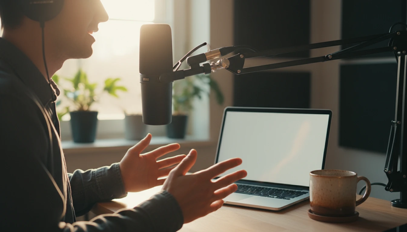 Podcaster uploading an episode at a desk with a microphone and laptop