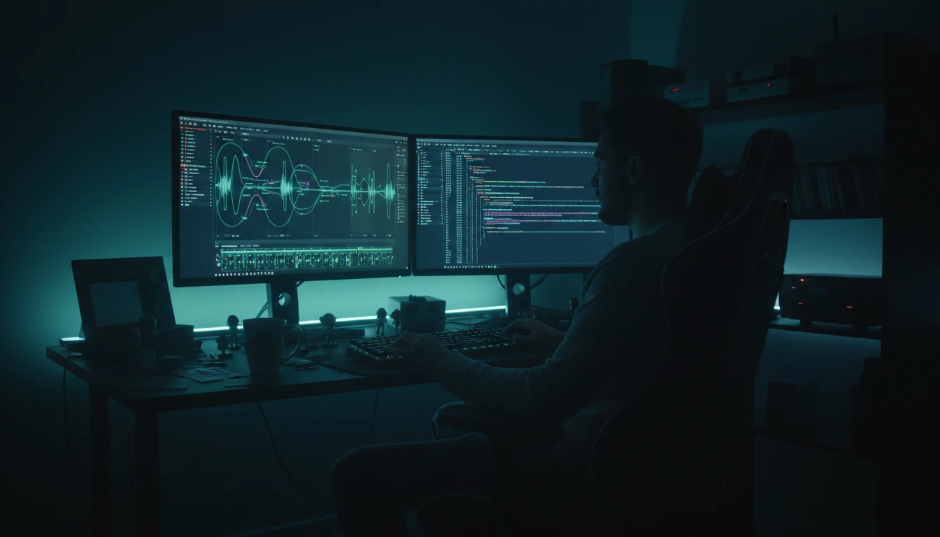 Game developer at a workstation with a game engine editor showing audio nodes