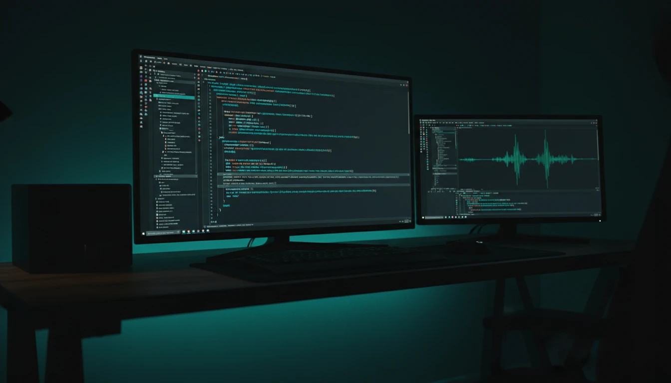 Open source code and audio waveforms on a dark monitor