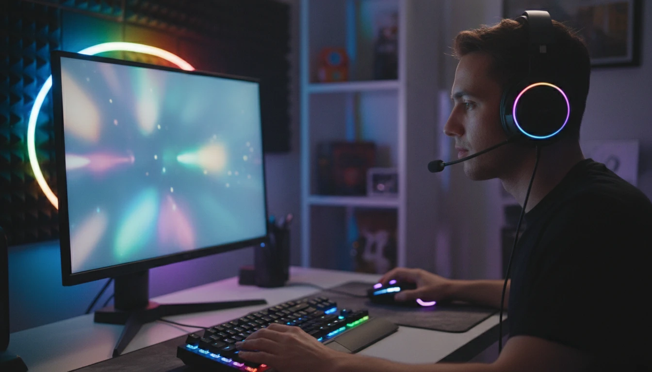 Person on a voice call with a headset at a desk with a bright monitor