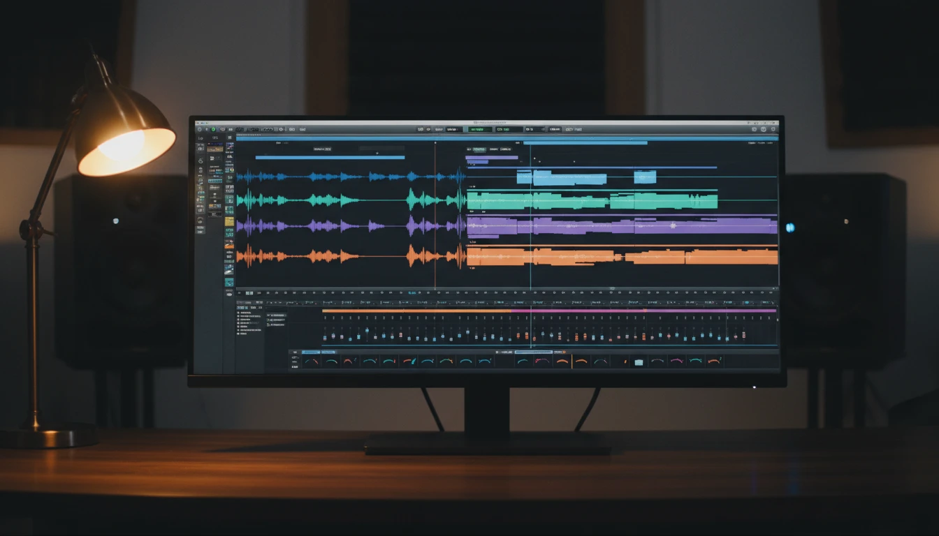 DAW timeline showing colorful audio waveform tracks in a professional studio