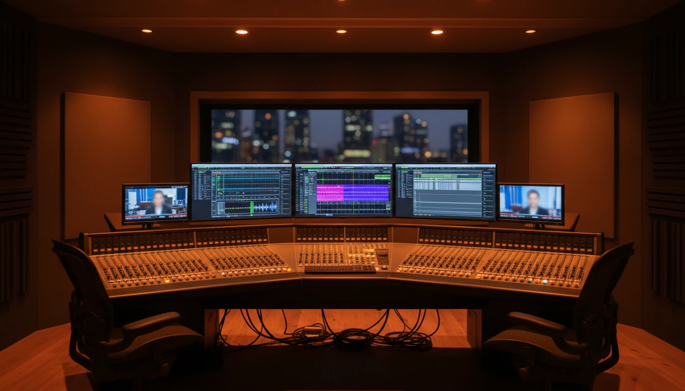 Broadcast audio engineer reviewing waveforms on a professional workstation