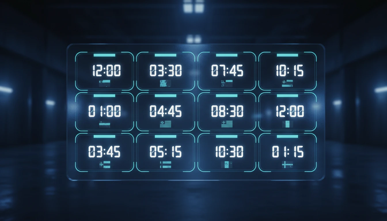 Grid of world city clock cards on a dark screen