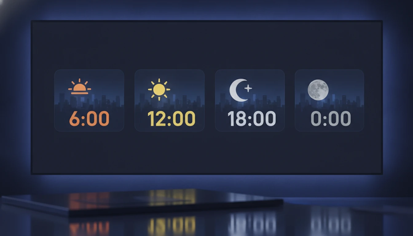 City clock cards with sun and moon time-of-day indicators